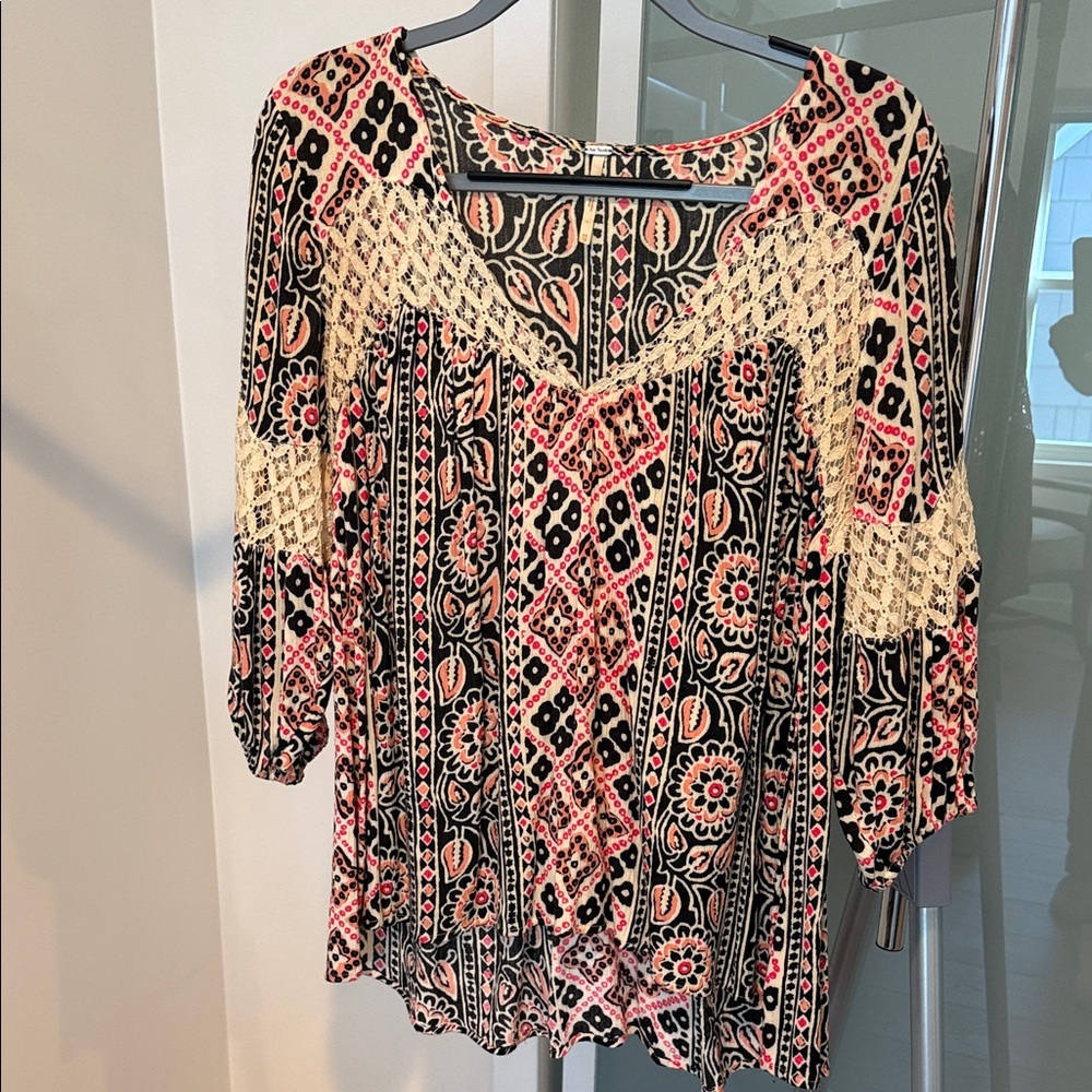Free People Boho Print Lace Inset Top – XS